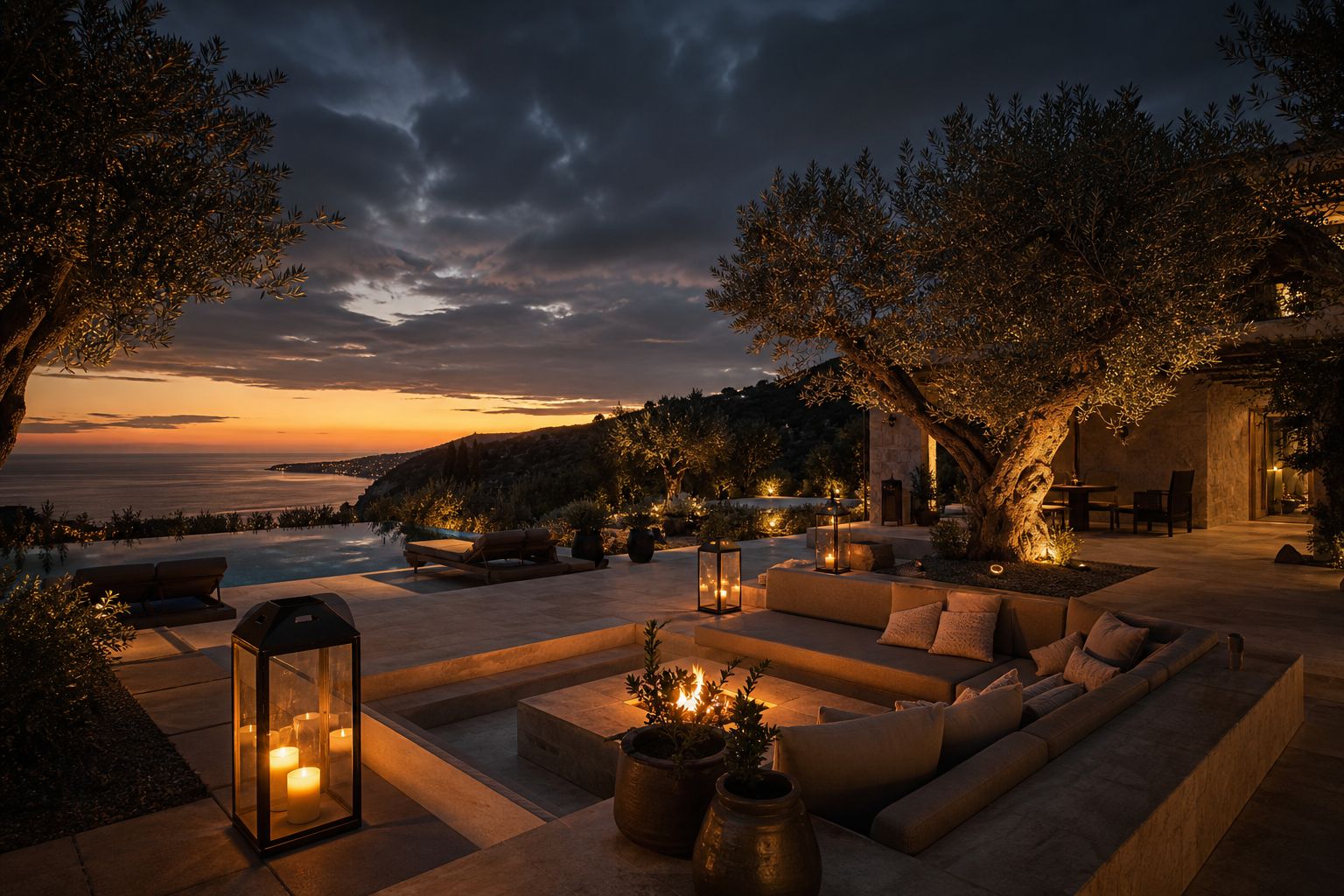 Sunset over a Montecito estate terrace