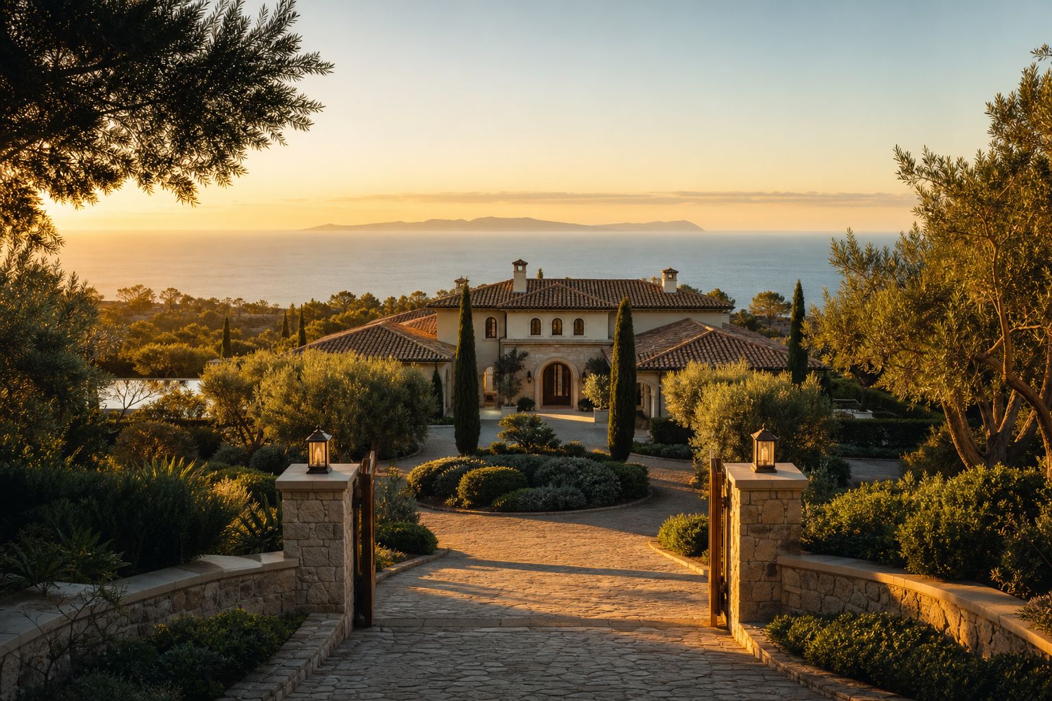 A gated Mediterranean estate above the Montecito coastline at golden hour